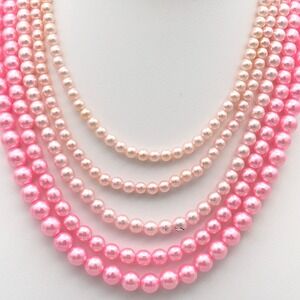 Vintage Multi Strand Pink Faux Pearl Necklace Ombre 5 Strand Germany Statement